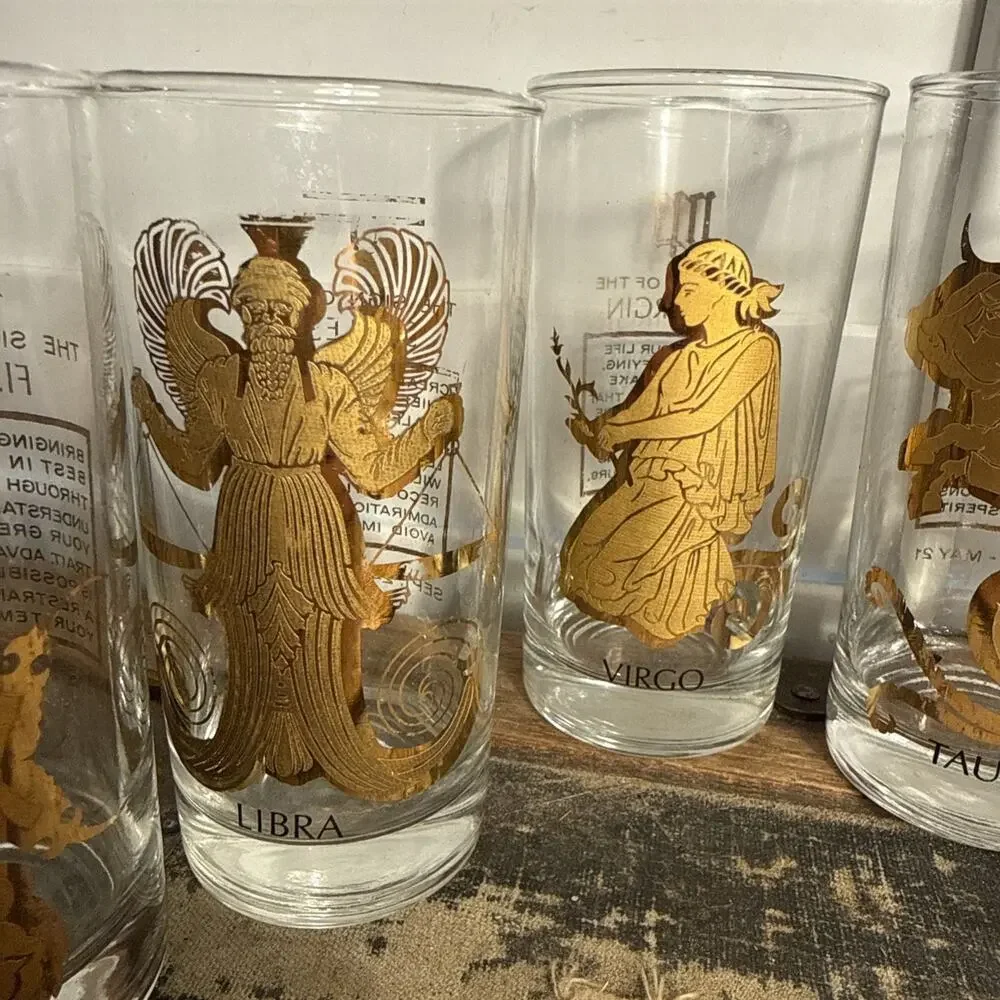 Vintage Glass Zodiac Tumblers 22k Gold Astrology